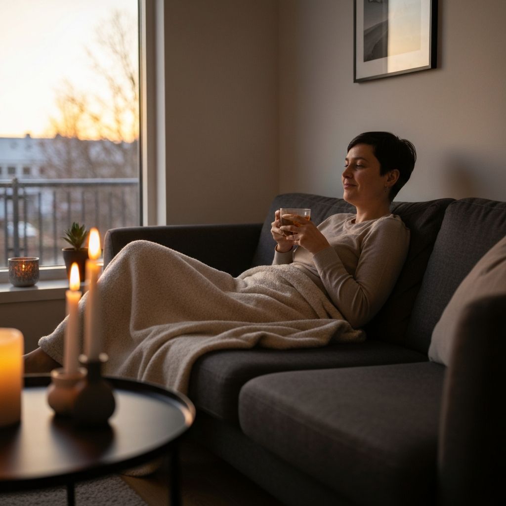 Cozy evening relaxation with tea and soft candlelight